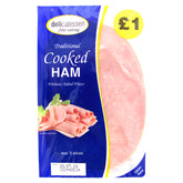 A blue pack labeled "Delicatessen - Fine Eating Traditional Cooked Ham - 90g," contains 5 cured slices, priced at £1, and marked "Without Added Water"—perfect for charcuterie boards. Serving suggestion image included.